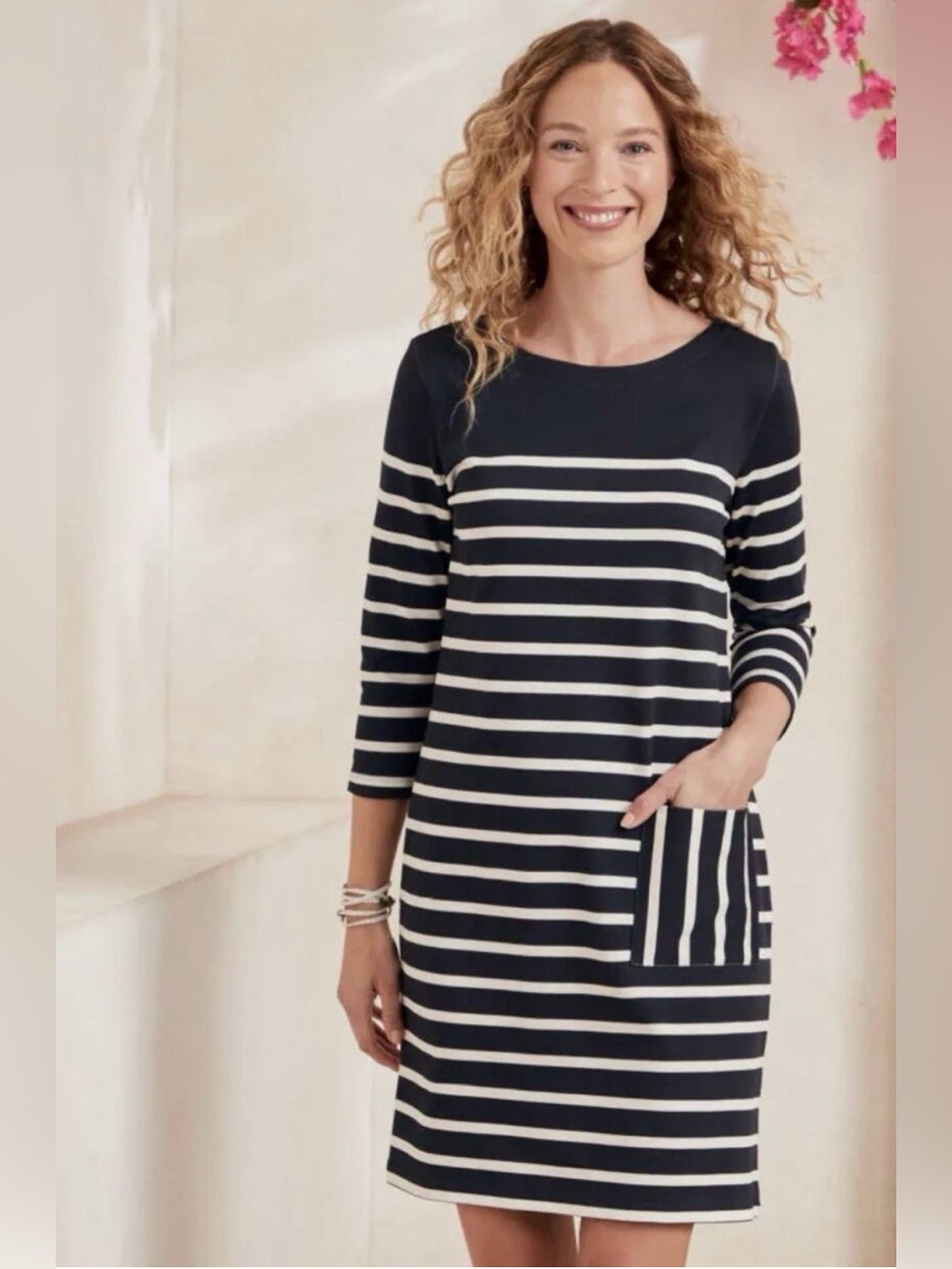 Garnet Hill Navy and White Striped Midi Dress